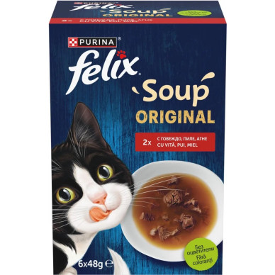 Felix Soup Original – hrană umedă complementară pentru pisici adulte, cu vită, 6 x 48 g